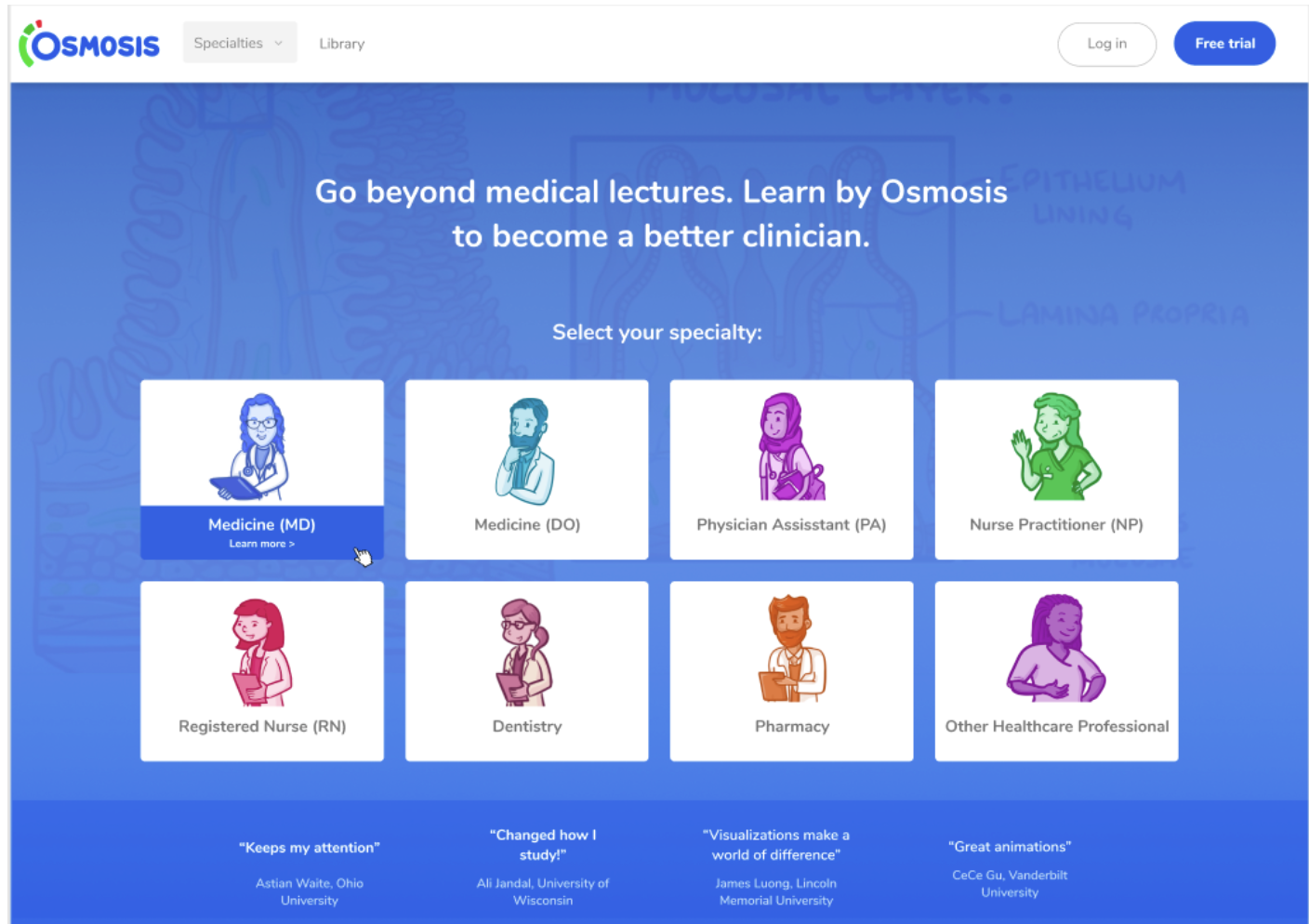 An example landing page that centers profession.